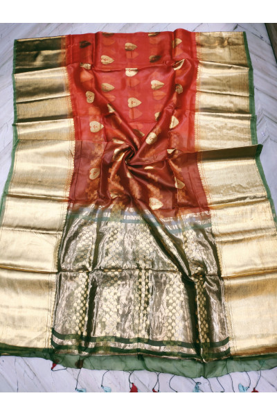 All Over Golden Butta Weaving Red Organza Silk Saree With Golden Zari Border (KR994)